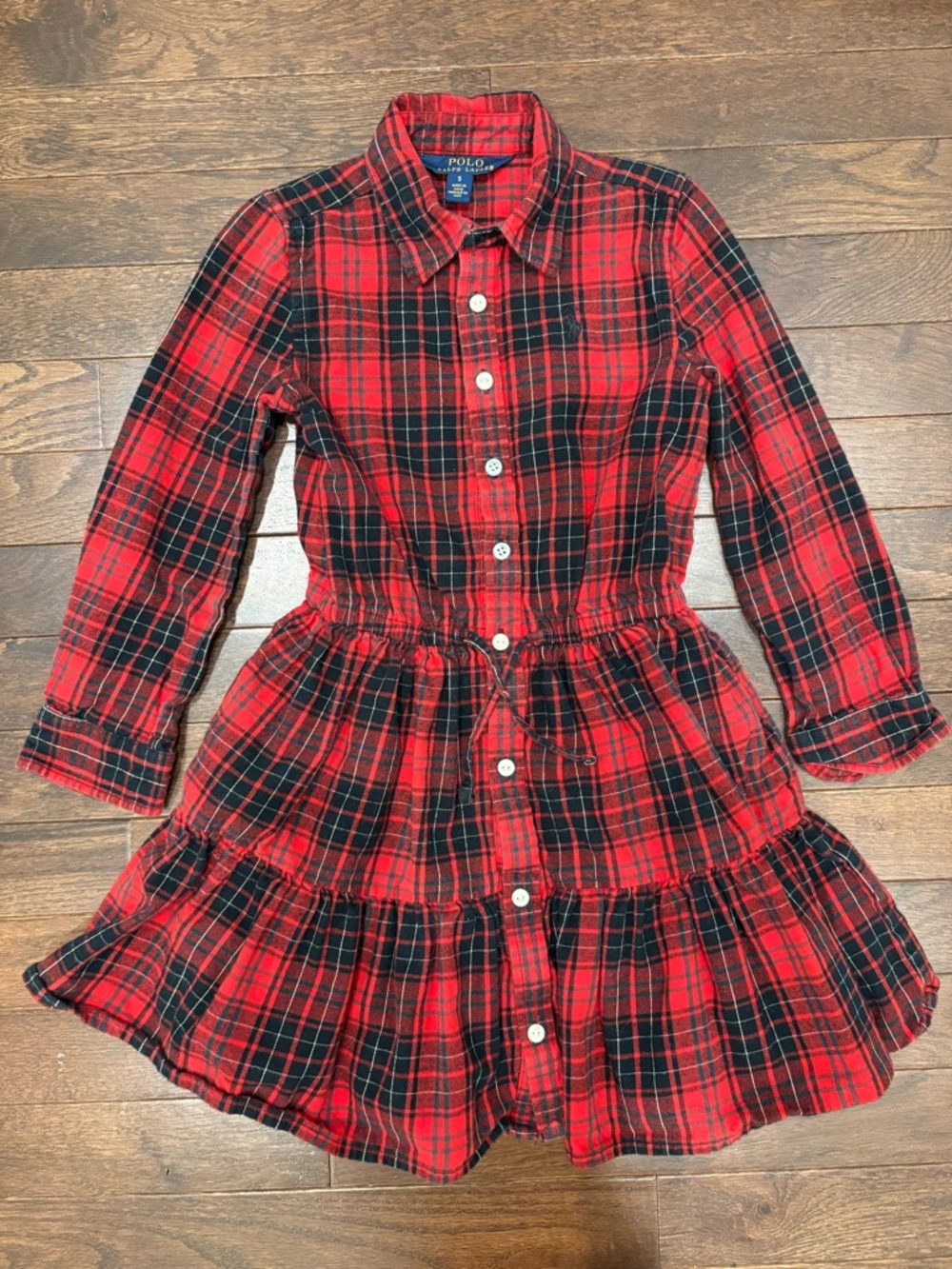 Polo Ralph Lauren Girls Buffalo Plaid Dress Sz 5 Red Tartan 100% Cotton Tiered